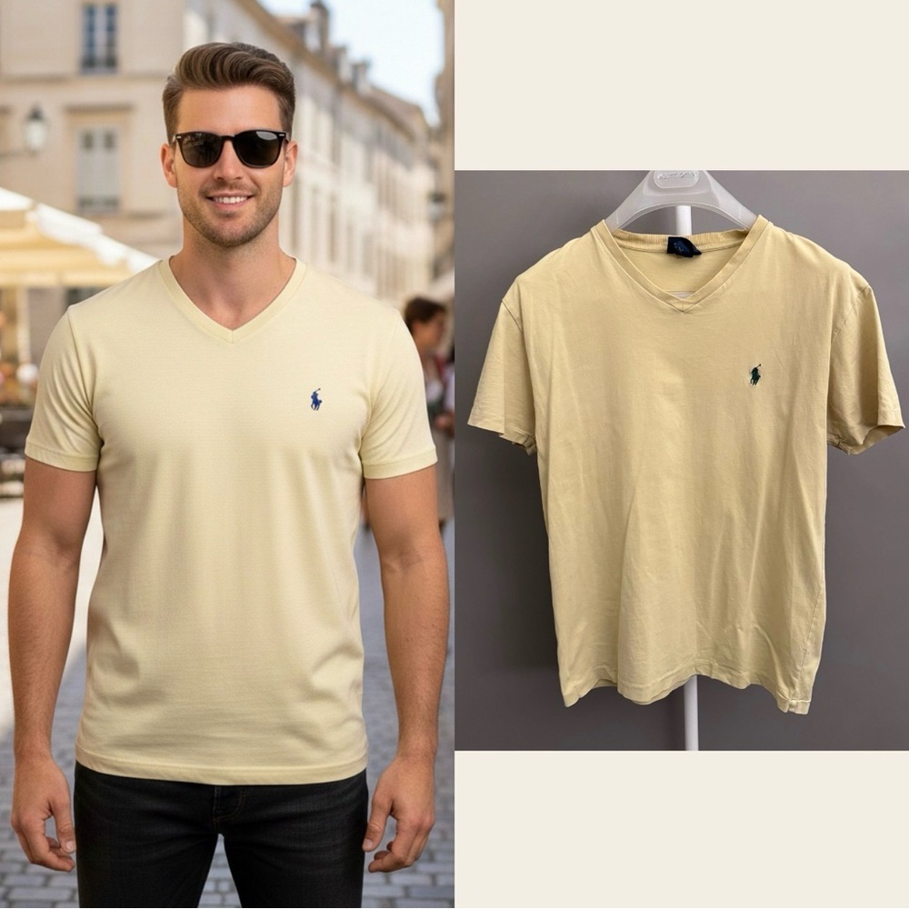 Polo Ralph a Lauren Classic light yellow Short Sleeve V-neck tee. Mens Small.